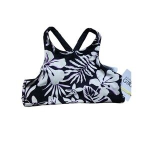 Athleta Girl Reversible High Neck Bikini Top Girls 16 XXL Black Leaf Print NWT